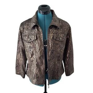 Ruby Rd Reptile Print Women Jacket Size 10 Collar Zip Embossed Brown 3/4 Sleeve